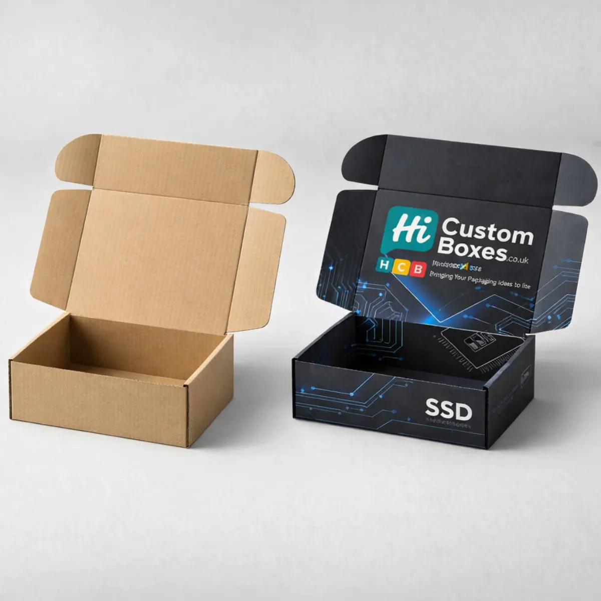 Open 3D mockup of a kraft mailer box beside a branded black SSD shipping box. class=